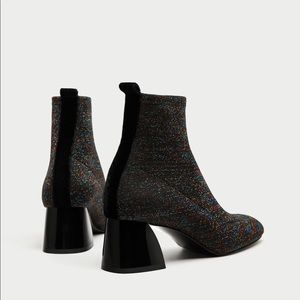 Zara Glitter Sock Style Mid Heel Ankle Boots, NWT